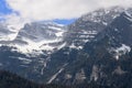 Superbly visible mountainous rock layers of alpine peaks covered with dark green forest and snow,ÃÂ Ville d`Anaunia, Trentino